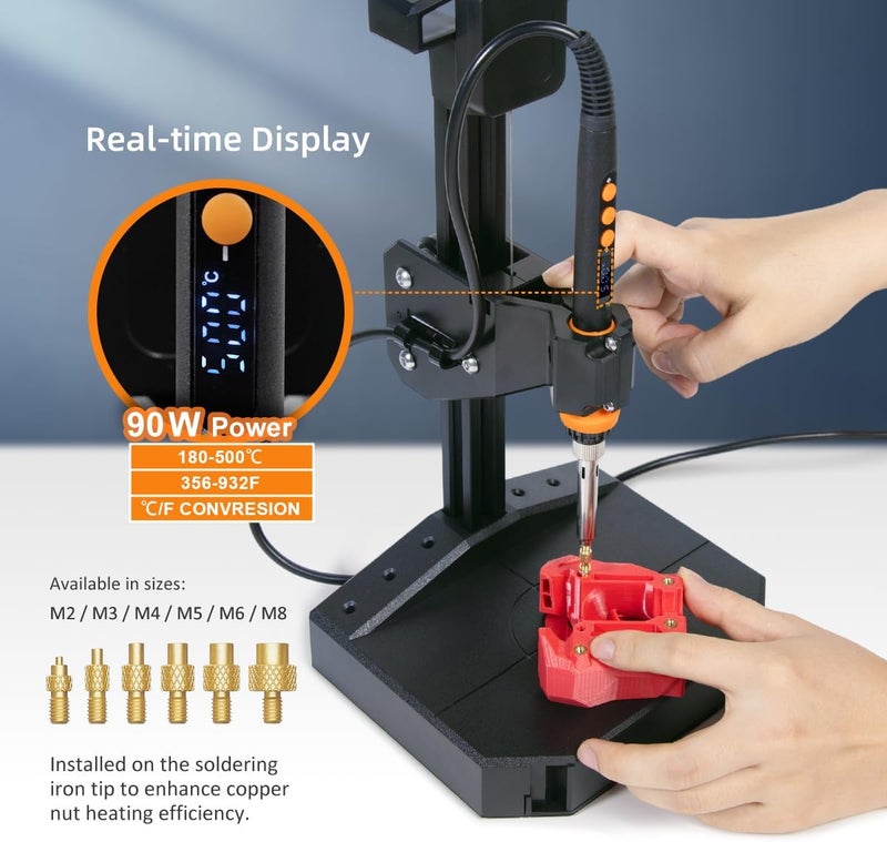 Mintion Vertical Heat Set Insert Tool Pressing Machine, with 90W Soldering Iron, 30PCS Brass Threaded Inserts, Heat Set Tips (M3/M4/M5/M6/M8), for 3D Printed Components, 95% Pre-Assembled - Image 5